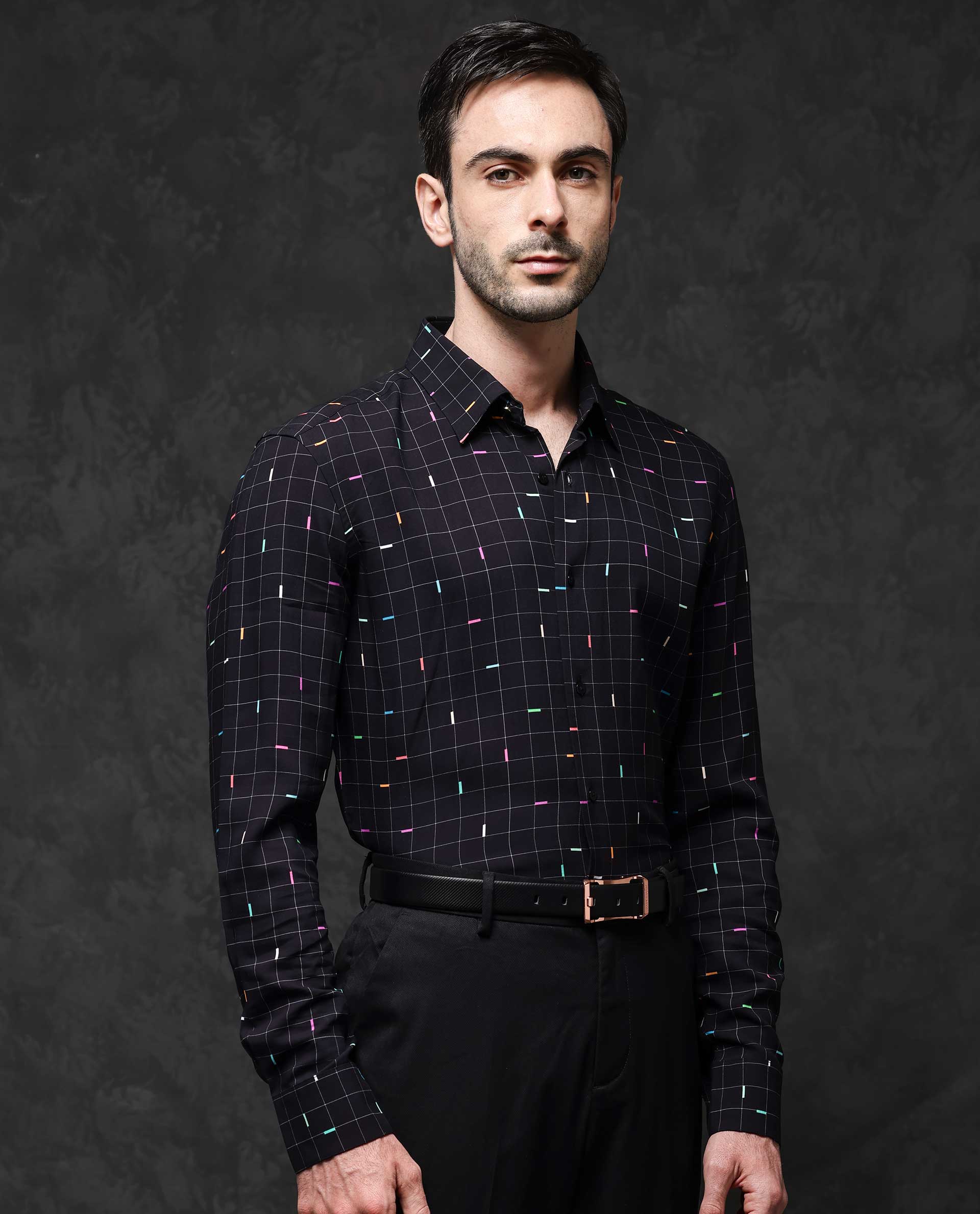 Rare Rabbit Mens Minor Black Viscose Fabric Full Sleeve Geometric Print Shirt