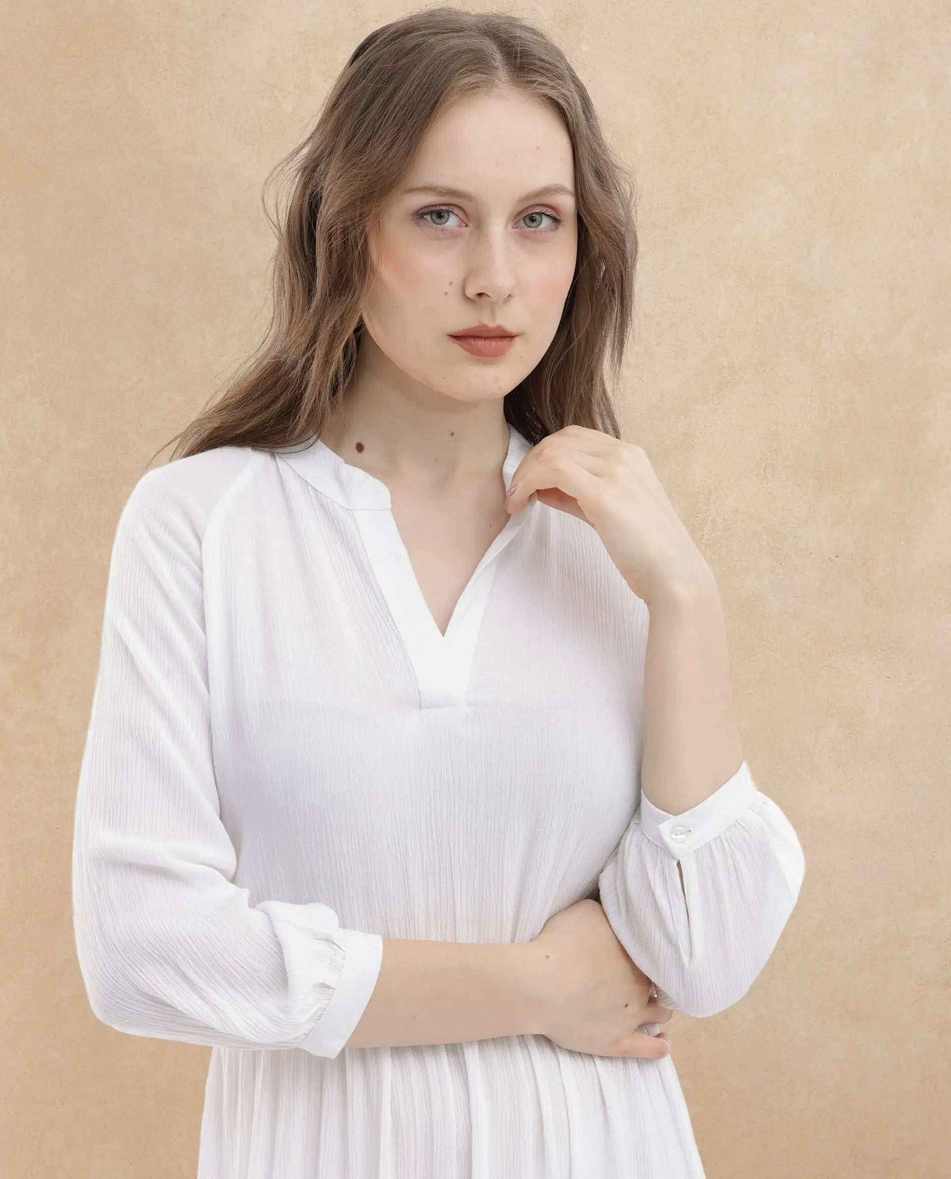 Rareism Women Miltry Light White Viscose Fabric Full Sleeves Mandarin Collar Raglan Sleeve Fit And Flare Plain Maxi Dress