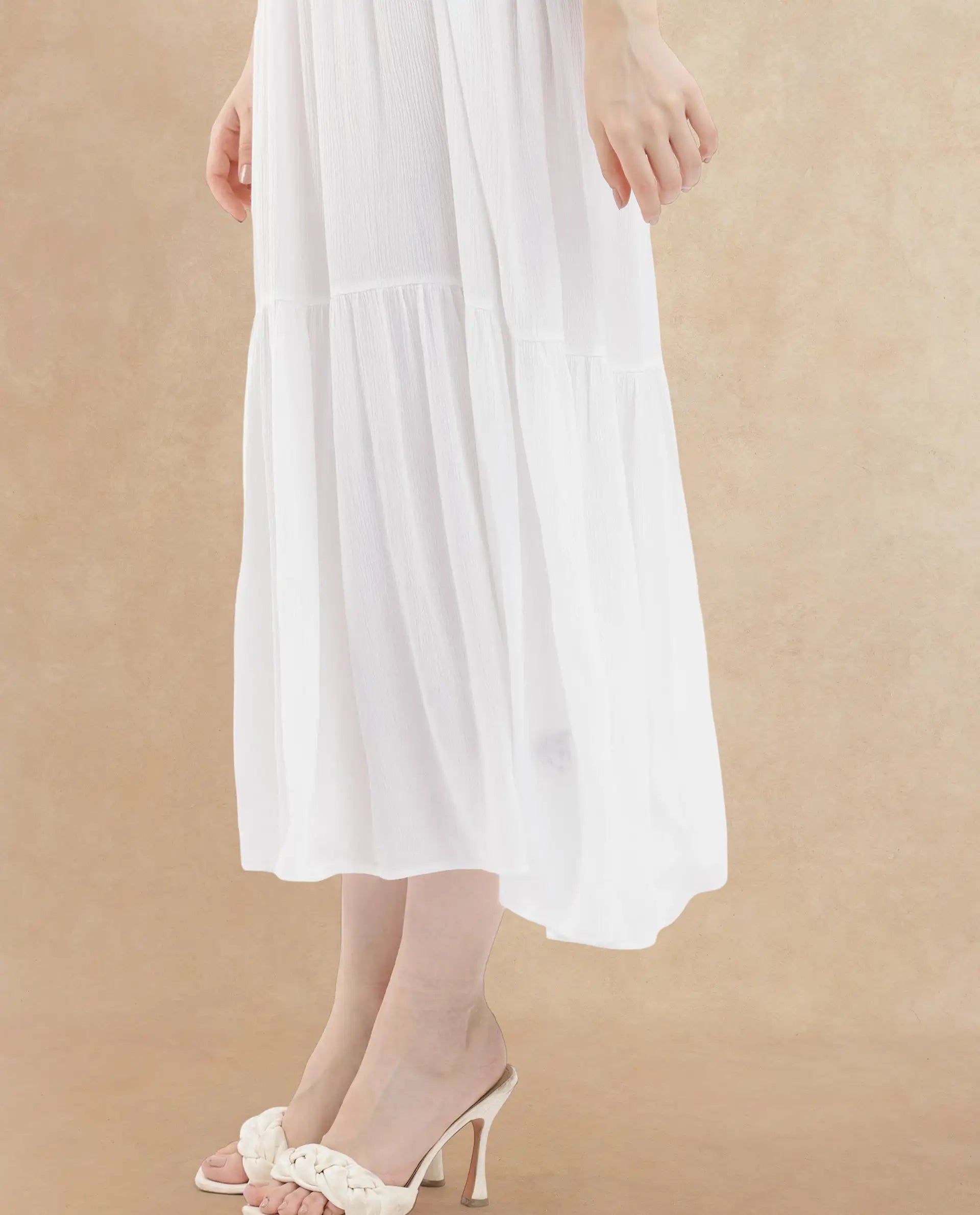 Rareism Women Miltry Light White Viscose Fabric Full Sleeves Mandarin Collar Raglan Sleeve Fit And Flare Plain Maxi Dress