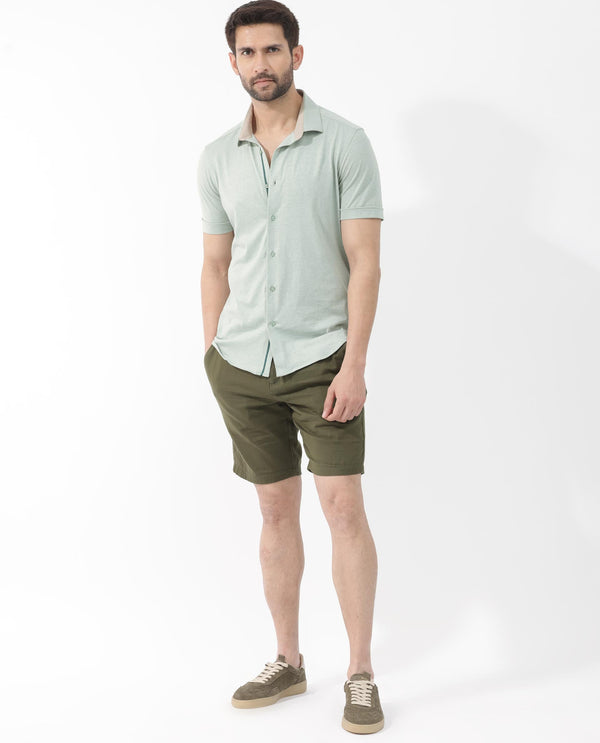 Rare Rabbit Men's Miraje Pastel Green Cotton Fabric Half Sleeves Solid Melange Shirt