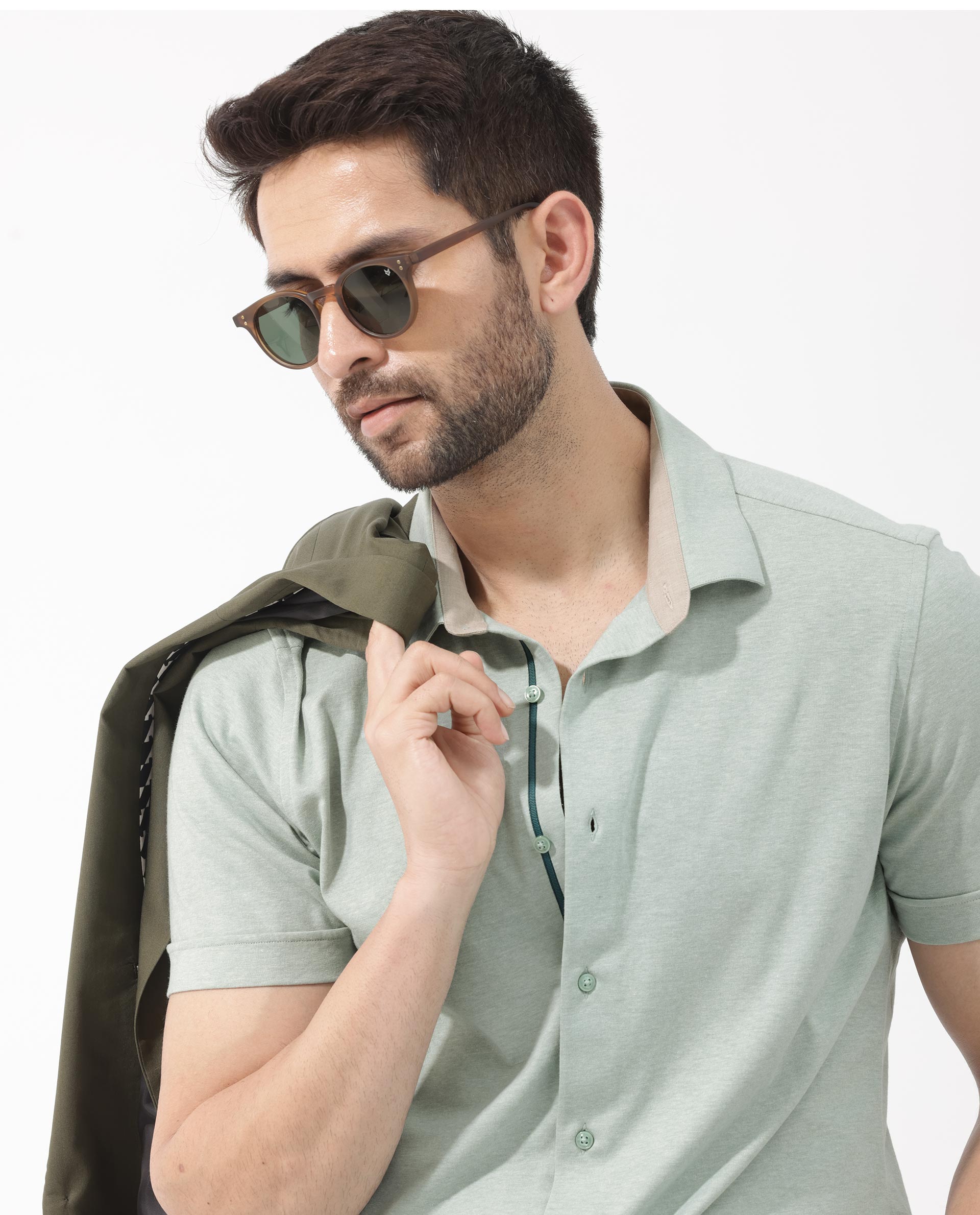 Rare Rabbit Men's Miraje Pastel Green Cotton Fabric Half Sleeves Solid Melange Shirt