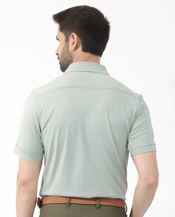 Rare Rabbit Men's Miraje Pastel Green Cotton Fabric Half Sleeves Solid Melange Shirt