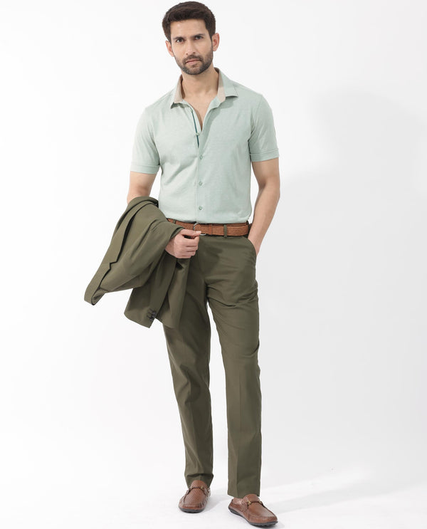 Rare Rabbit Men's Miraje Pastel Green Cotton Fabric Half Sleeves Solid Melange Shirt