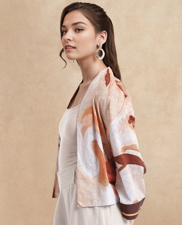 Rareism Women Modena Light Brown Bell Sleeves Shawl Neck Cropped Abstract Print Top