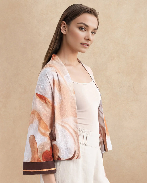 Rareism Women Modena Light Brown Bell Sleeves Shawl Neck Cropped Abstract Print Top