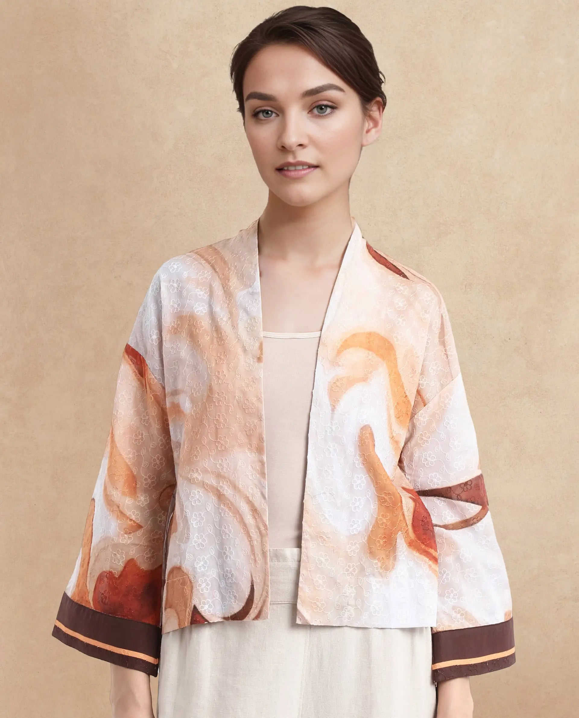 Rareism Women Modena Light Brown Bell Sleeves Shawl Neck Cropped Abstract Print Top