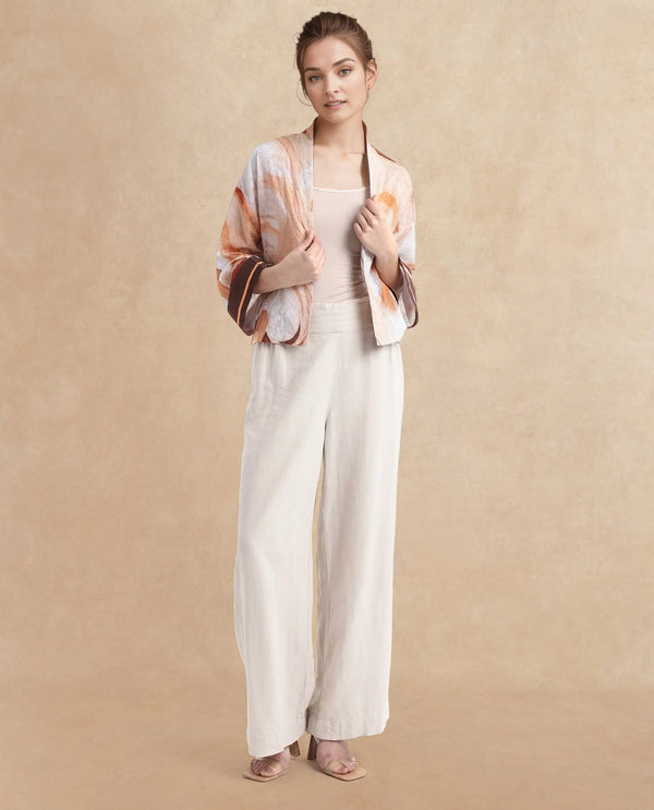 Rareism Women Modena Light Brown Bell Sleeves Shawl Neck Cropped Abstract Print Top