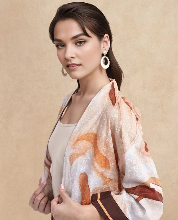 Rareism Women Modena Light Brown Bell Sleeves Shawl Neck Cropped Abstract Print Top