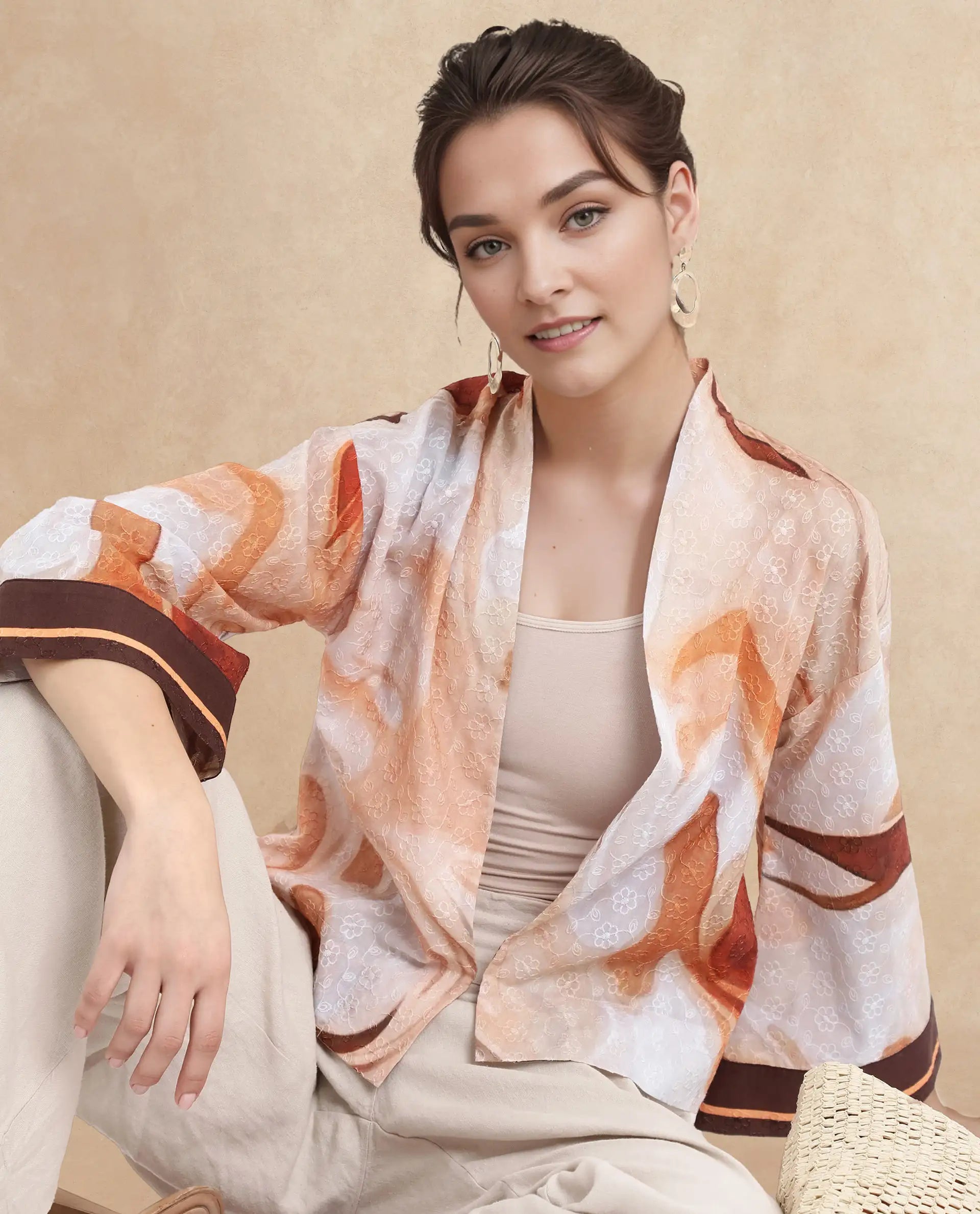 Rareism Women Modena Light Brown Bell Sleeves Shawl Neck Cropped Abstract Print Top