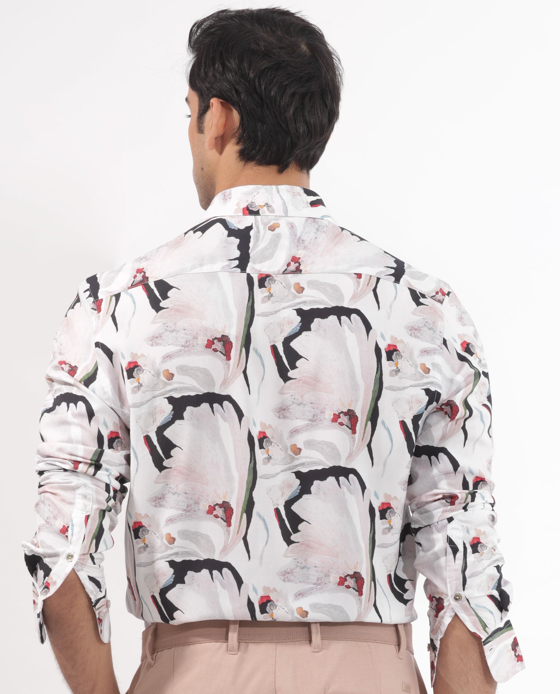 Rare Rabbit Mens Monch White Viscose Fabric Full Sleeve Abstract Floral Print Shirt