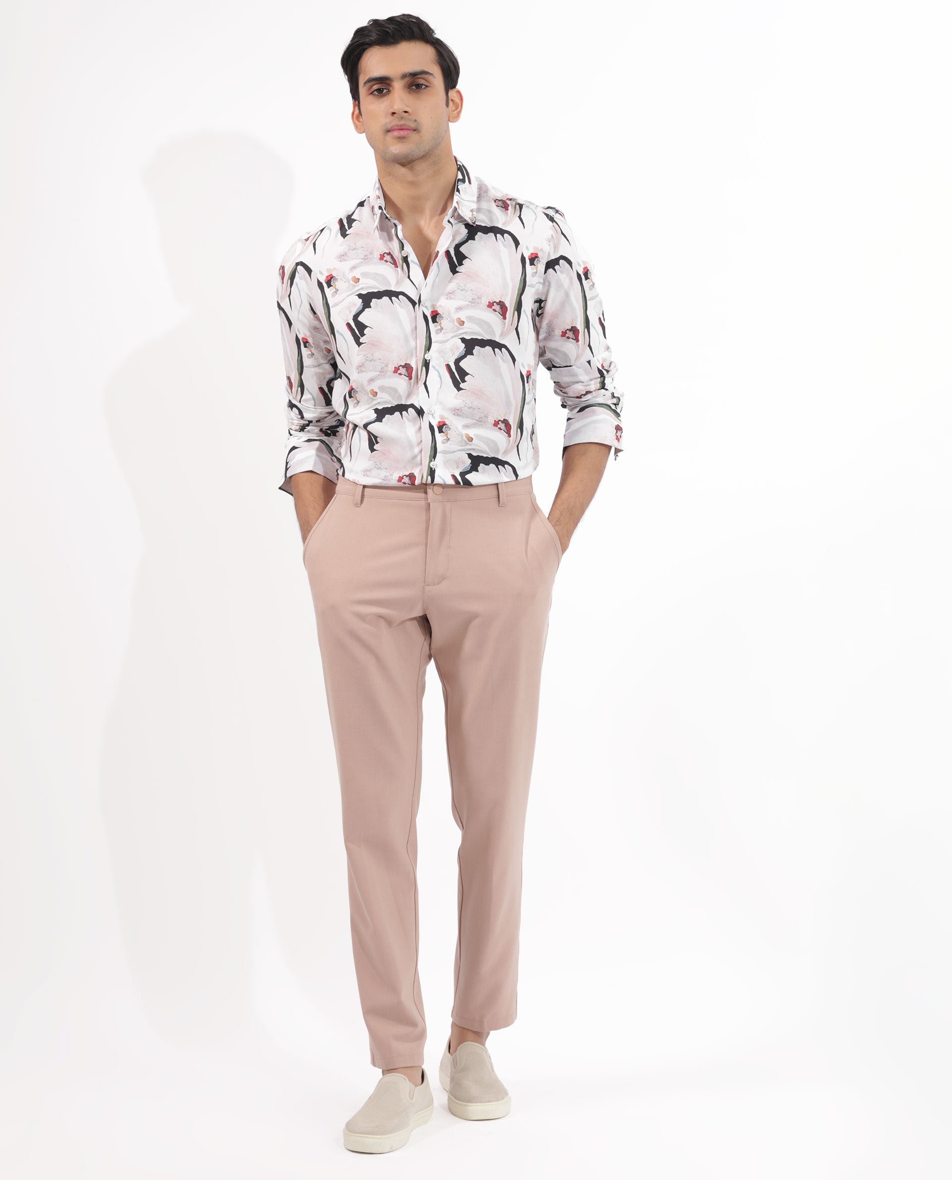 Rare Rabbit Mens Monch White Viscose Fabric Full Sleeve Abstract Floral Print Shirt