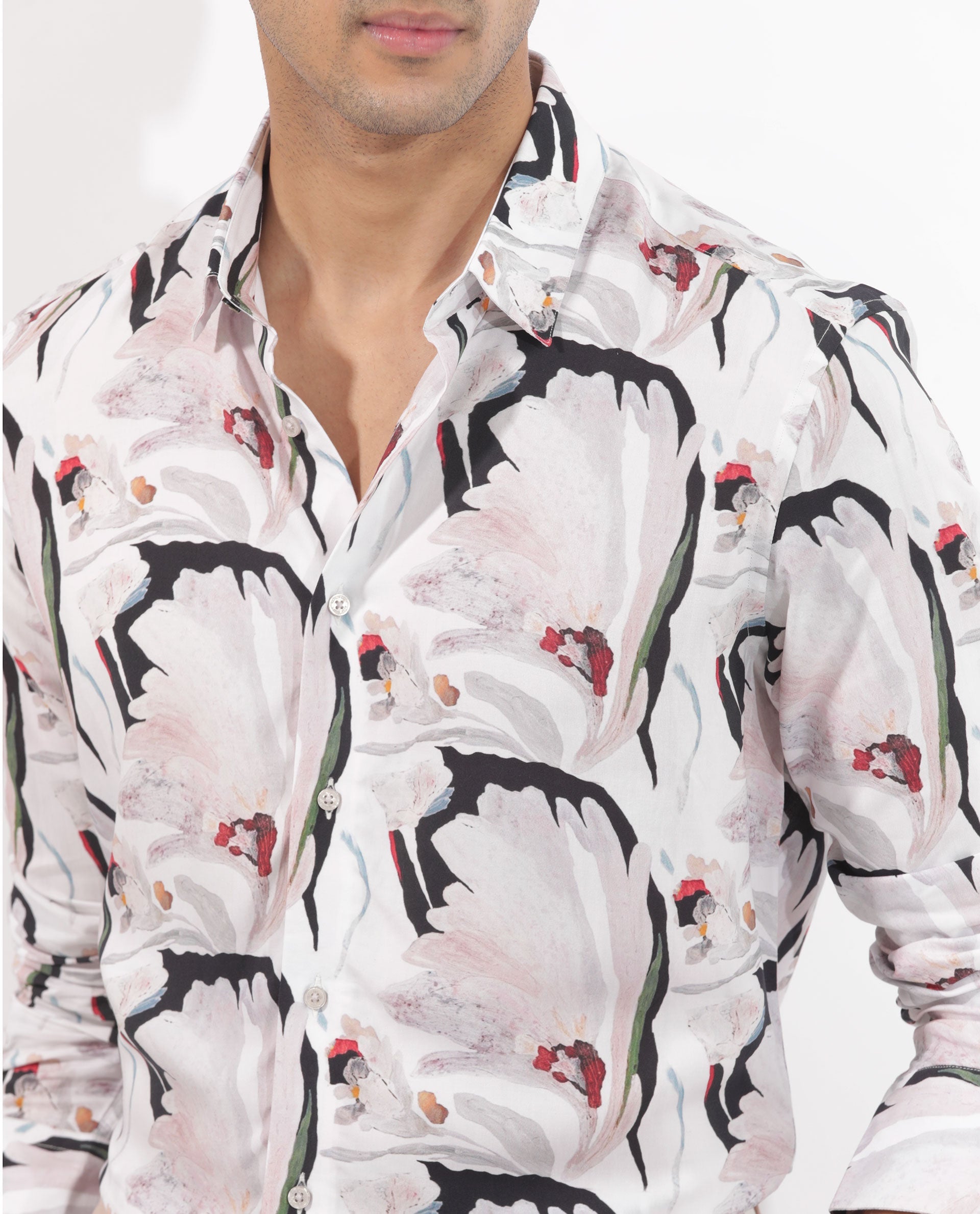 Rare Rabbit Mens Monch White Viscose Fabric Full Sleeve Abstract Floral Print Shirt