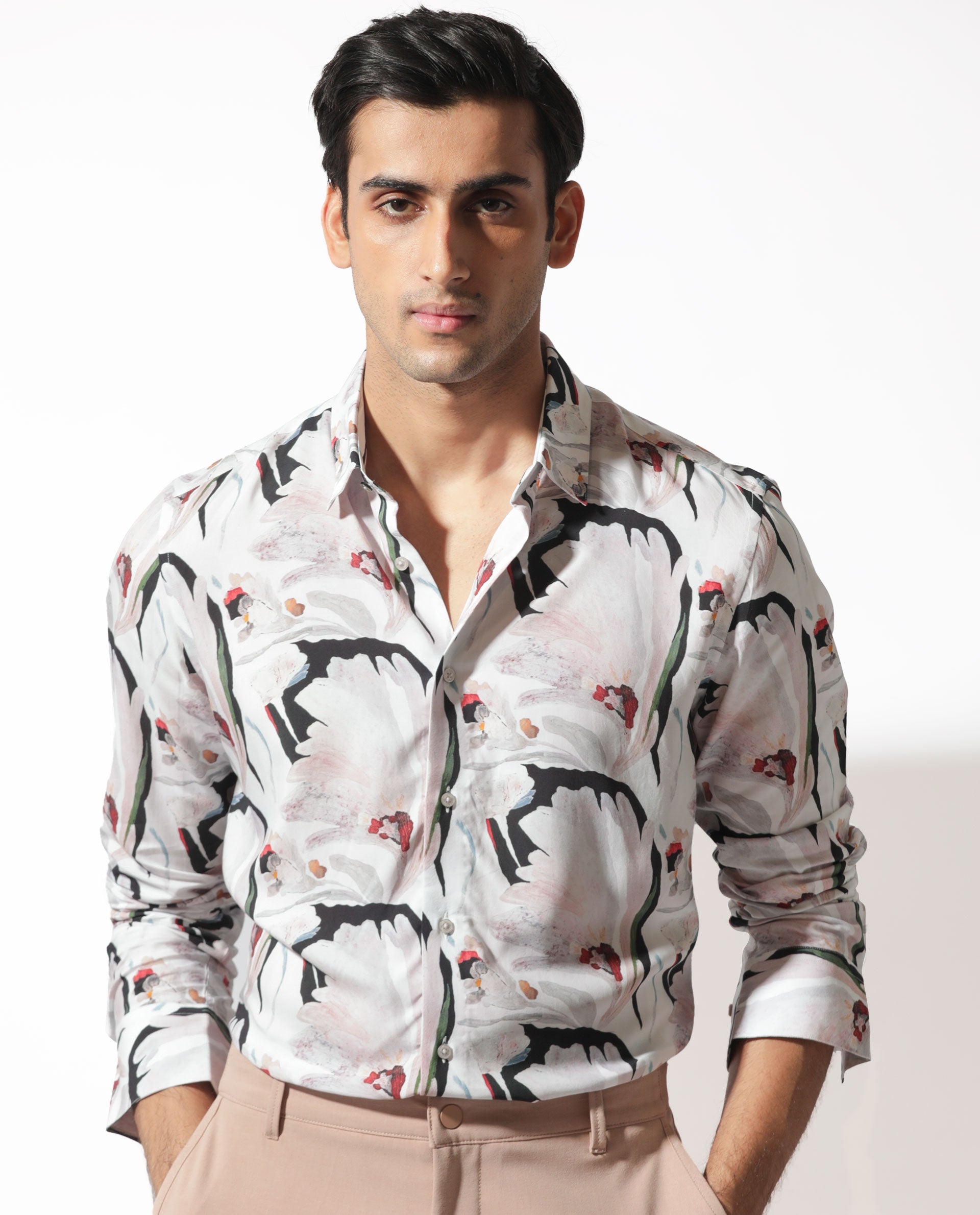 Rare Rabbit Mens Monch White Viscose Fabric Full Sleeve Abstract Floral Print Shirt