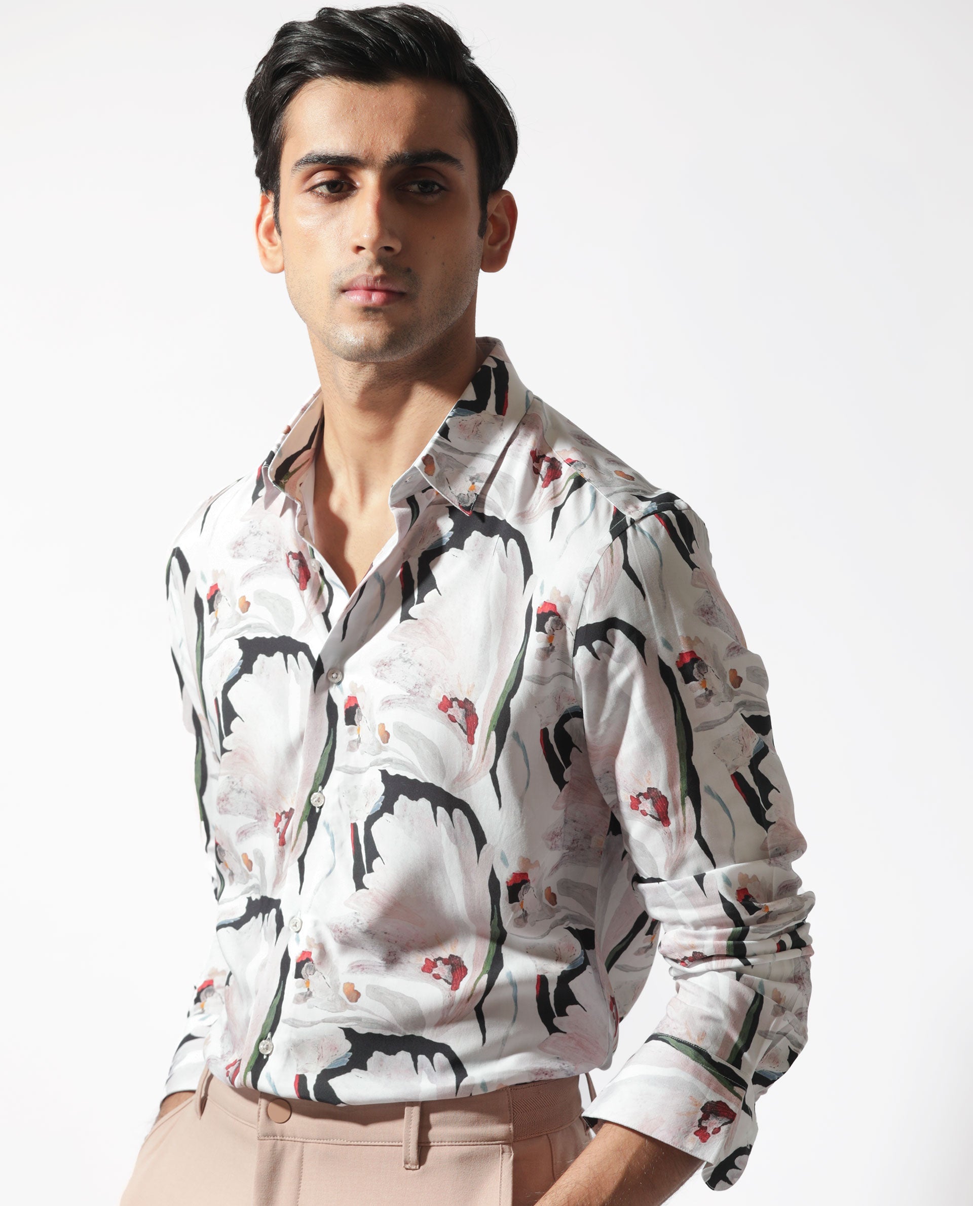 Rare Rabbit Mens Monch White Viscose Fabric Full Sleeve Abstract Floral Print Shirt