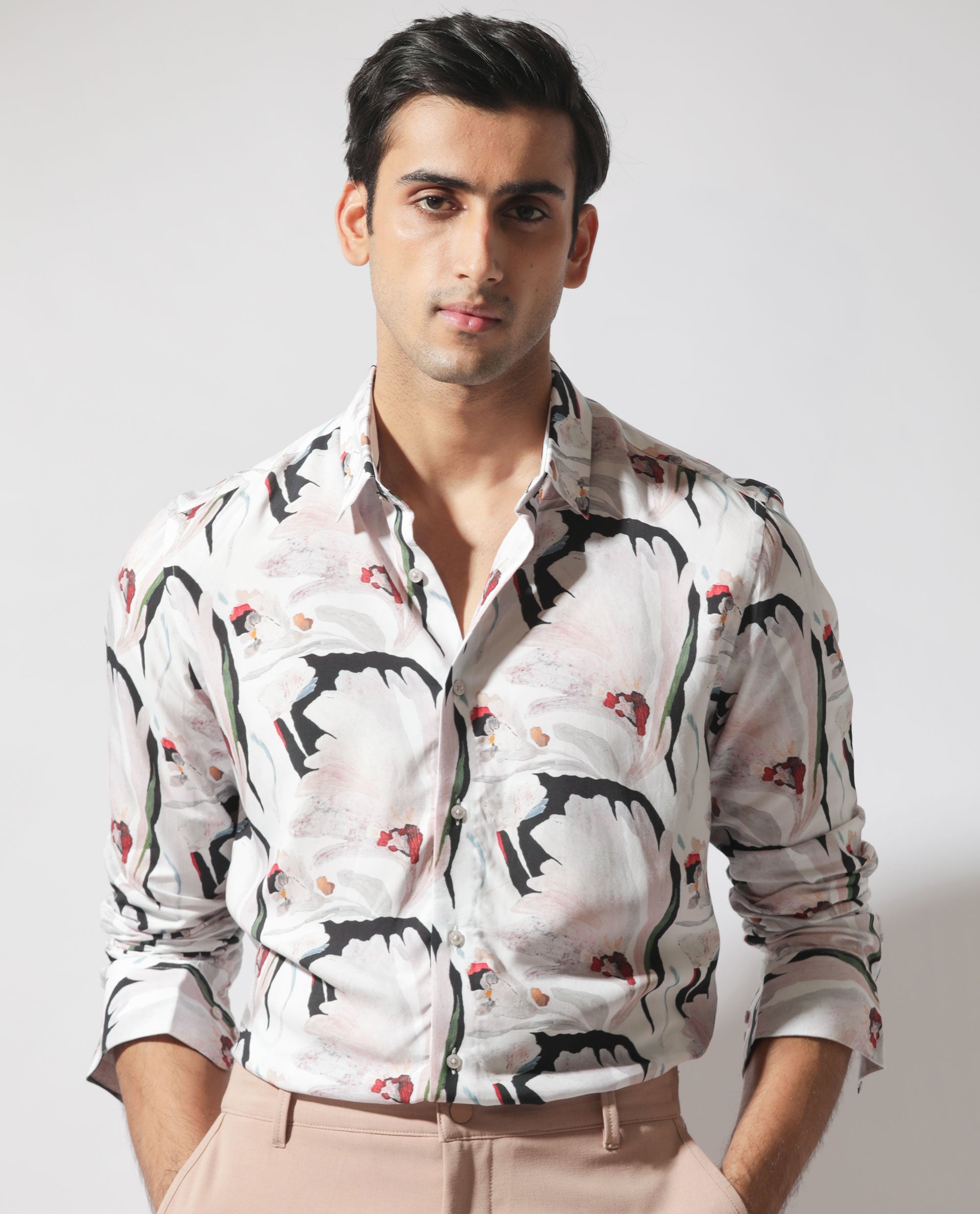 Rare Rabbit Mens Monch White Viscose Fabric Full Sleeve Abstract Floral Print Shirt