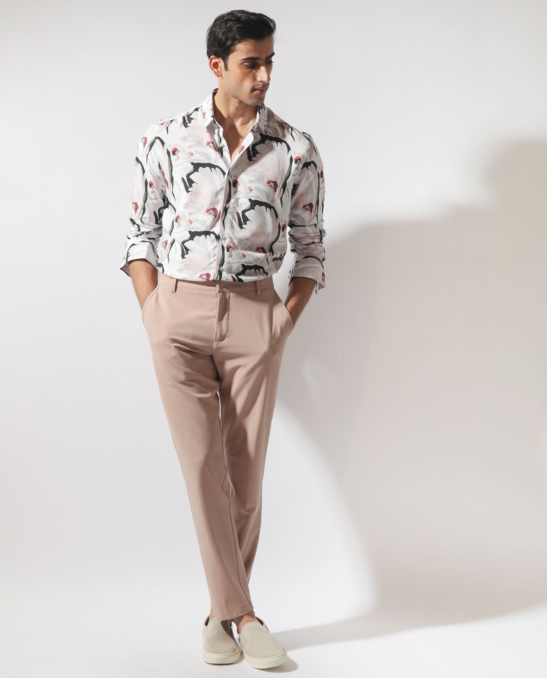 Rare Rabbit Mens Monch White Viscose Fabric Full Sleeve Abstract Floral Print Shirt