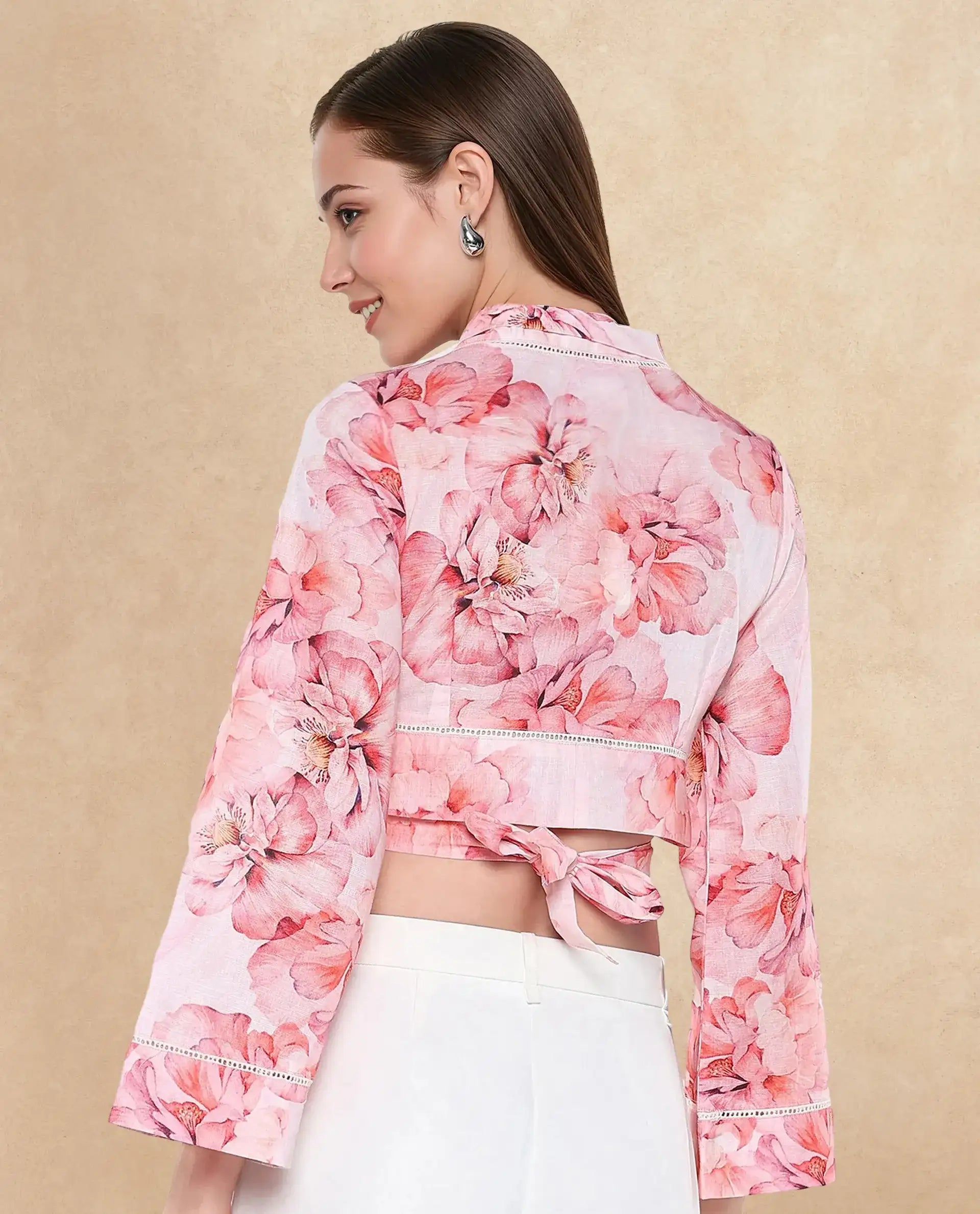 Rareism Women Moral Pink Full Sleeve Shawl Neck Tie-Up Closure Cropped Floral Print Shrug