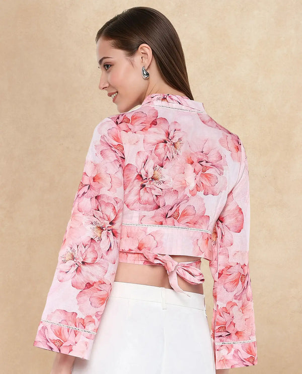 Rareism Women Moral Pink Full Sleeve Shawl Neck Tie-Up Closure Cropped Floral Print Shrug
