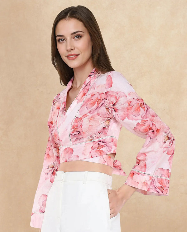 Rareism Women Moral Pink Full Sleeve Shawl Neck Tie-Up Closure Cropped Floral Print Shrug