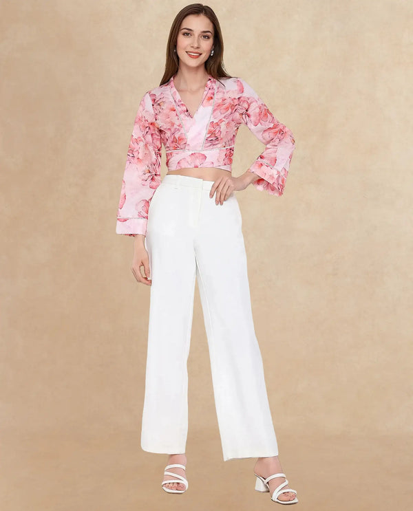 Rareism Women Moral Pink Full Sleeve Shawl Neck Tie-Up Closure Cropped Floral Print Shrug
