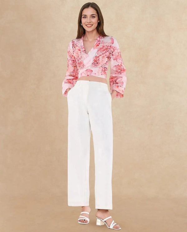 Rareism Women Moral Pink Full Sleeve Shawl Neck Tie-Up Closure Cropped Floral Print Shrug
