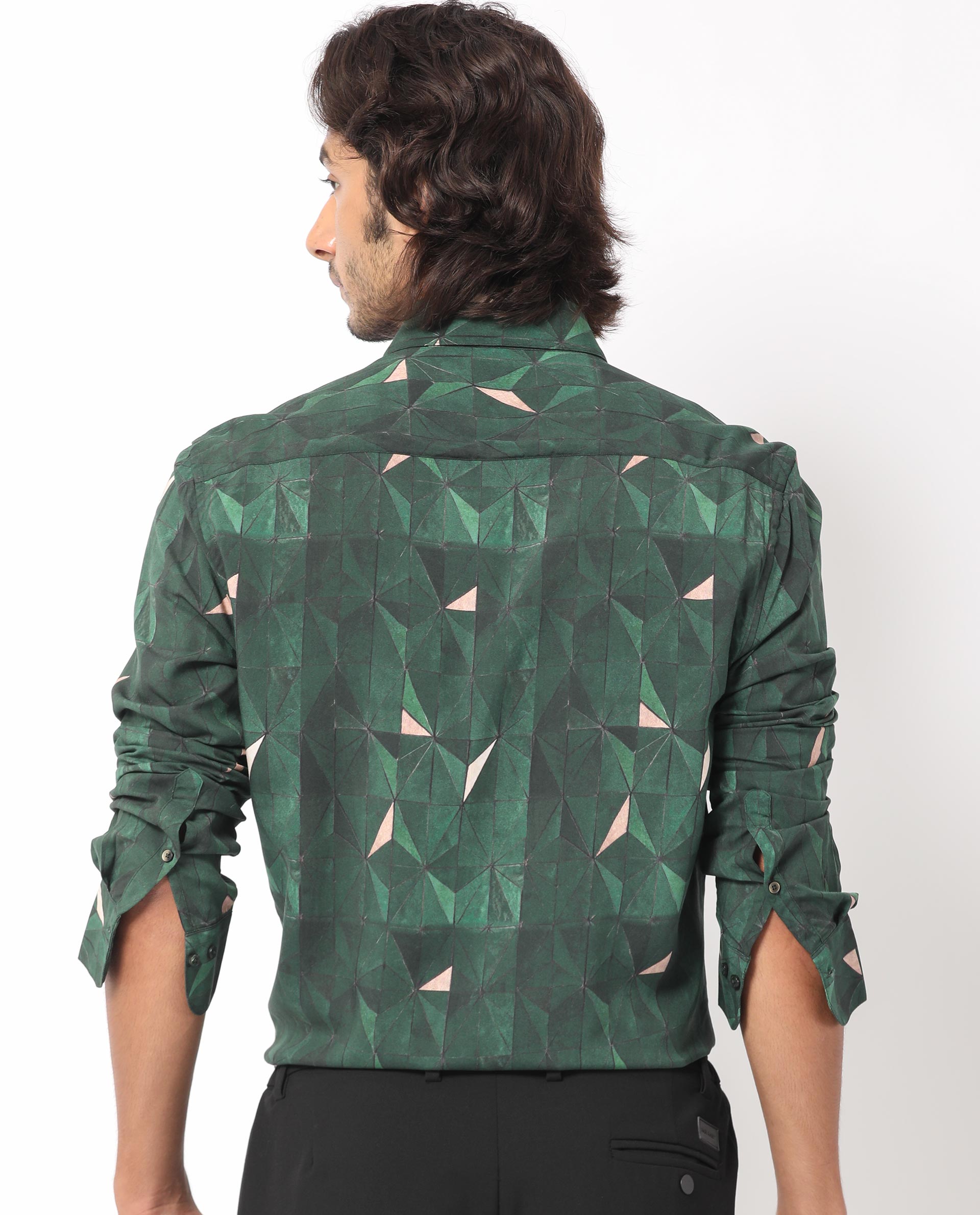 Rare Rabbit Men's Mose Green Viscose Fabric Geometric Print Full Sleeves Shirt