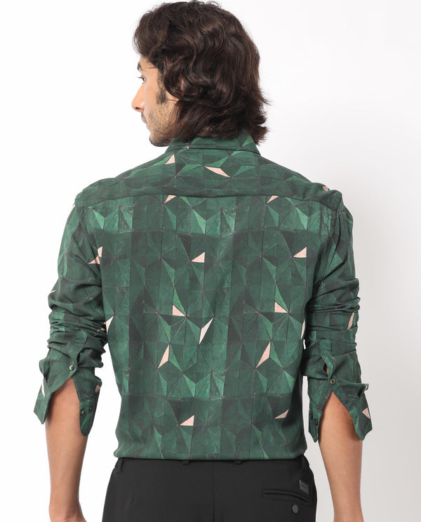 Rare Rabbit Men's Mose Green Viscose Fabric Geometric Print Full Sleeves Shirt