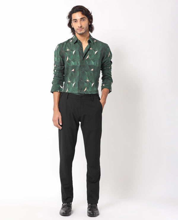 Rare Rabbit Men's Mose Green Viscose Fabric Geometric Print Full Sleeves Shirt