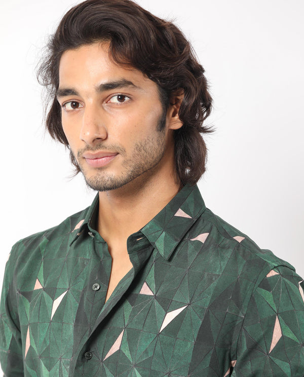 Rare Rabbit Men's Mose Green Viscose Fabric Geometric Print Full Sleeves Shirt