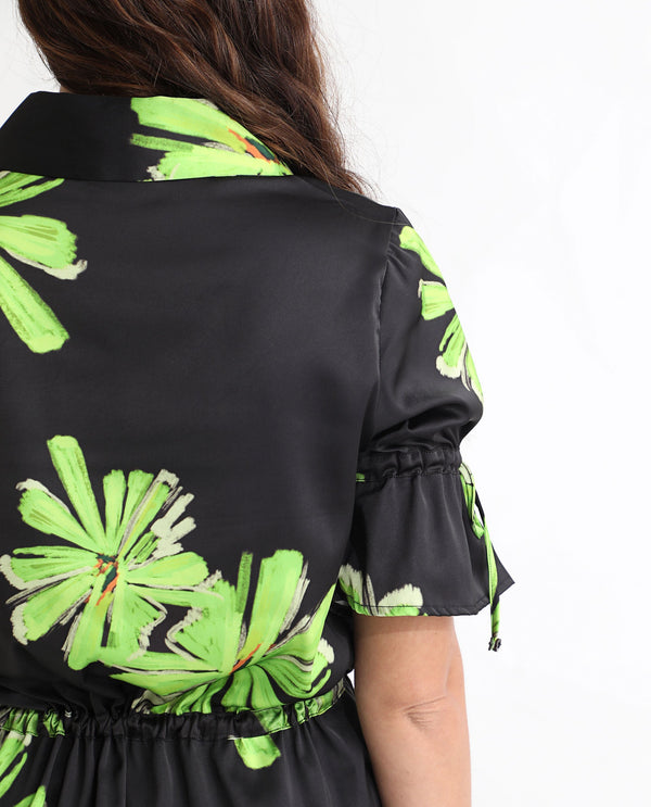 Rareism Women Murphy Black Polyester Fabric Short Sleeves Button Closure Shirt Collar Regular Fit Floral Print Top