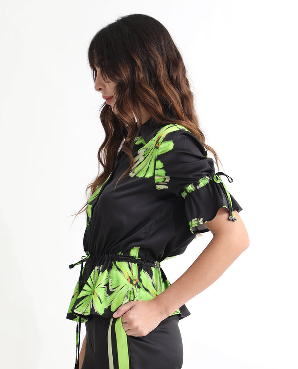 Rareism Women Murphy Black Polyester Fabric Short Sleeves Button Closure Shirt Collar Regular Fit Floral Print Top