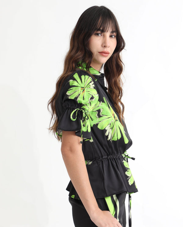 Rareism Women Murphy Black Polyester Fabric Short Sleeves Button Closure Shirt Collar Regular Fit Floral Print Top