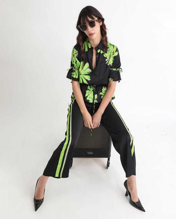 Rareism Women Murphy Black Polyester Fabric Short Sleeves Button Closure Shirt Collar Regular Fit Floral Print Top