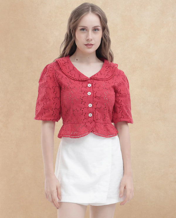 Rareism Women Mysterio Pastel Pink Schiflli Fabric Short Sleeves Button Closure Ruffled Neck Balloon Sleeve Regular Fit Schiffili Cropped Top