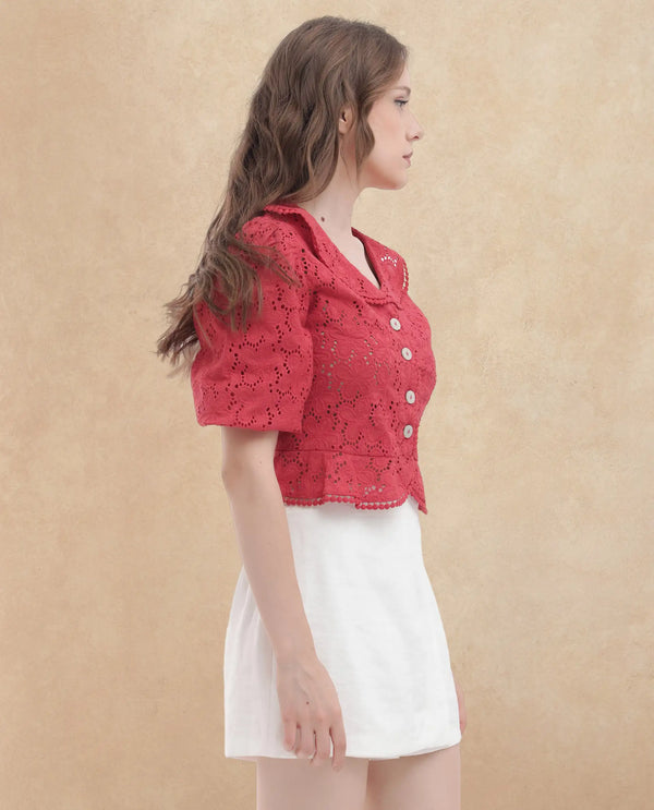 Rareism Women Mysterio Pastel Pink Schiflli Fabric Short Sleeves Button Closure Ruffled Neck Balloon Sleeve Regular Fit Schiffili Cropped Top