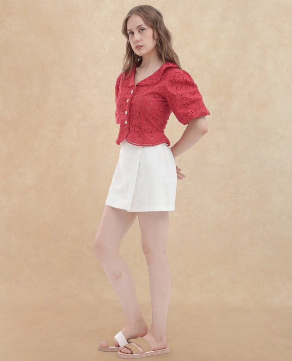 Rareism Women Mysterio Pastel Pink Schiflli Fabric Short Sleeves Button Closure Ruffled Neck Balloon Sleeve Regular Fit Schiffili Cropped Top