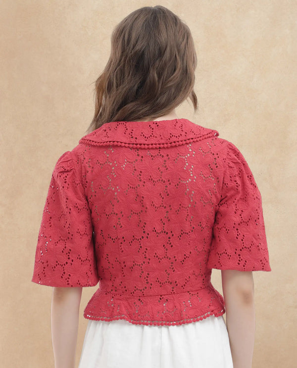 Rareism Women Mysterio Pastel Pink Schiflli Fabric Short Sleeves Button Closure Ruffled Neck Balloon Sleeve Regular Fit Schiffili Cropped Top