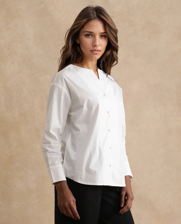 Rareism Women Nagoya White Cuffed Sleeve Round Neck Button Plain Top