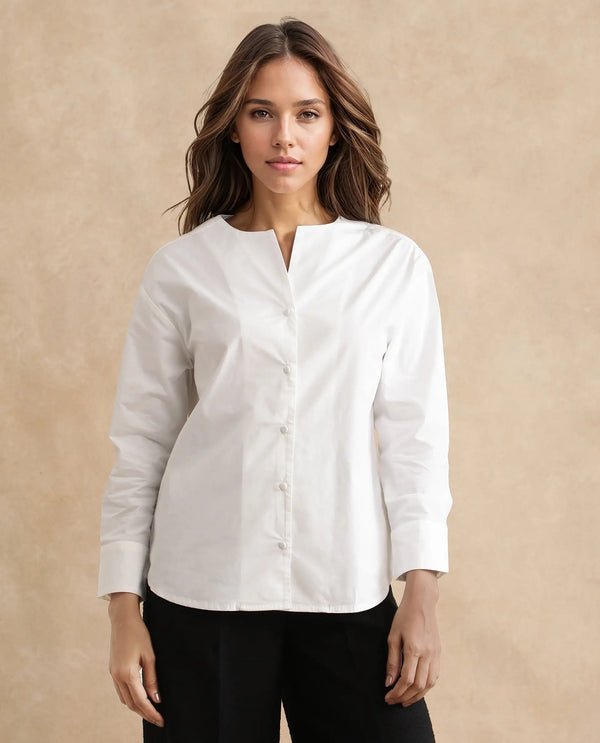 Rareism Women Nagoya White Cuffed Sleeve Round Neck Button Plain Top