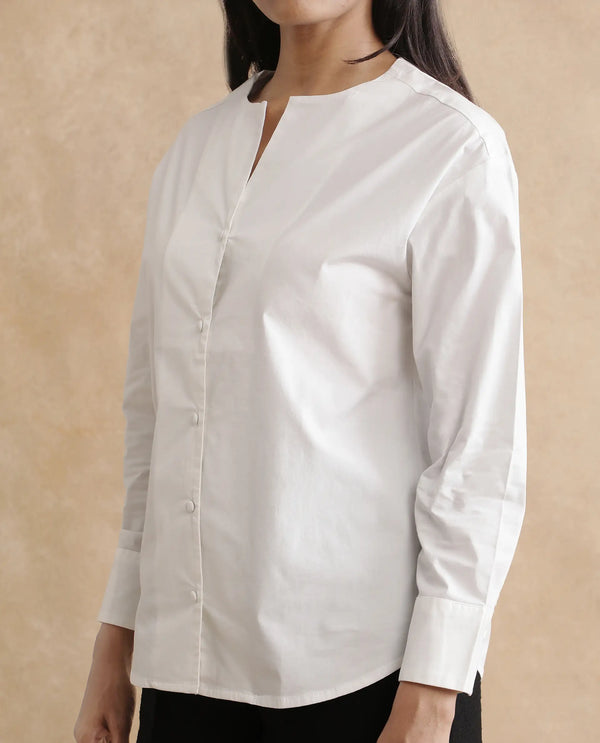 Rareism Women Nagoya White Cuffed Sleeve Round Neck Button Plain Top