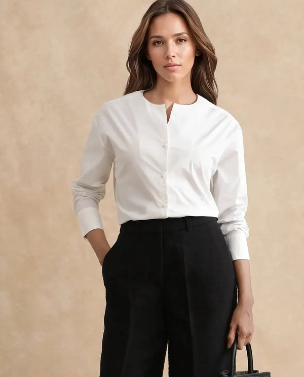 Rareism Women Nagoya White Cuffed Sleeve Round Neck Button Plain Top