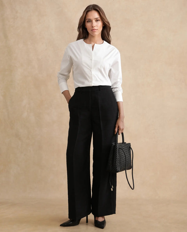 Rareism Women Nagoya White Cuffed Sleeve Round Neck Button Plain Top