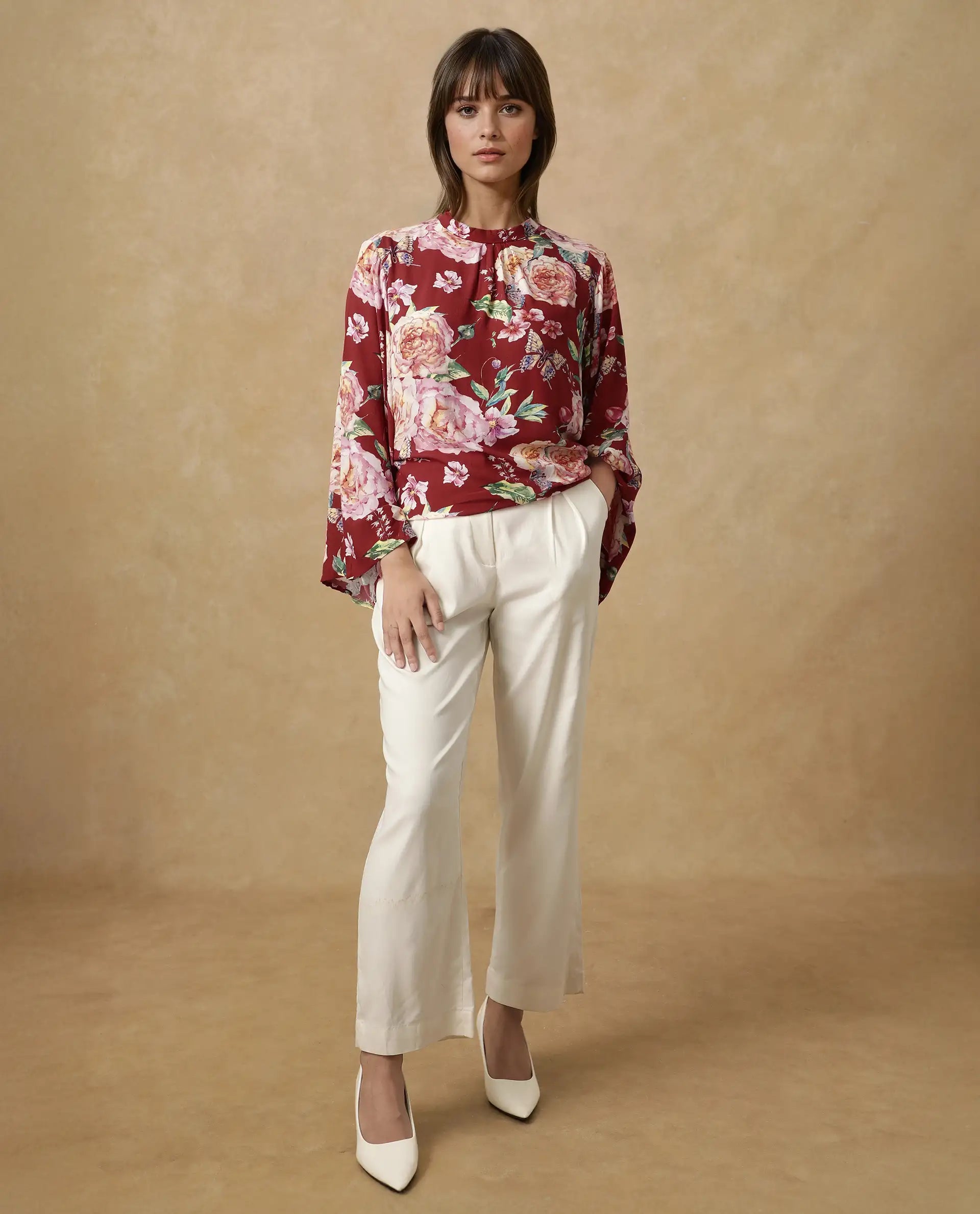 Rareism Women Naplesco Maroon Bell Sleeves High Neck Button Closure Floral Print Top