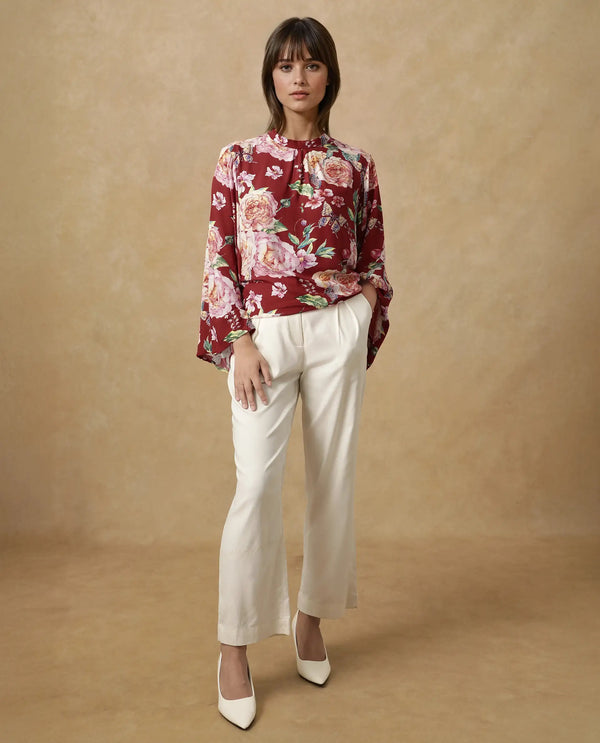 Rareism Women Naplesco Maroon Bell Sleeves High Neck Button Closure Floral Print Top