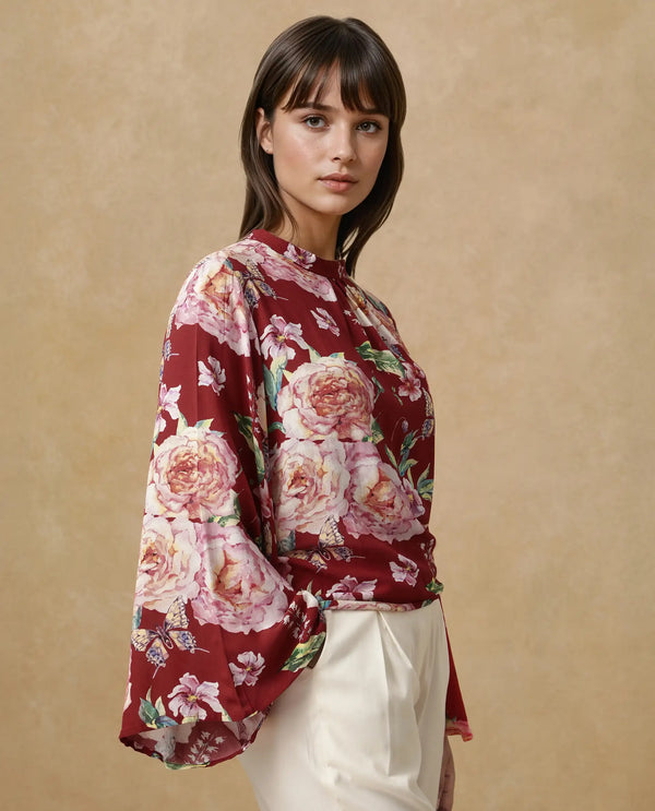 Rareism Women Naplesco Maroon Bell Sleeves High Neck Button Closure Floral Print Top