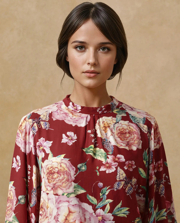 Rareism Women Naplesco Maroon Bell Sleeves High Neck Button Closure Floral Print Top
