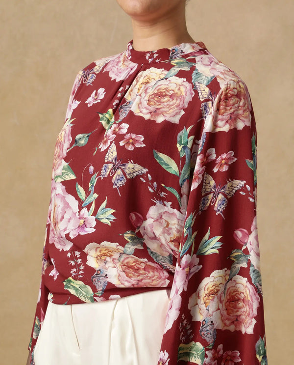 Rareism Women Naplesco Maroon Bell Sleeves High Neck Button Closure Floral Print Top