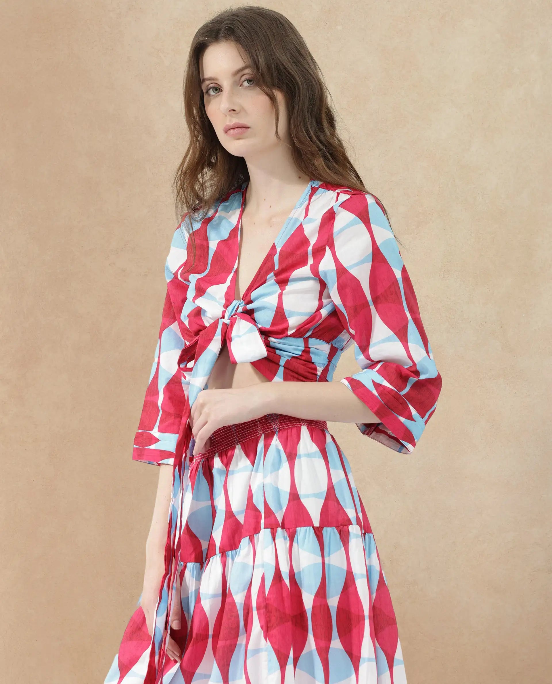 Rareism Women Nayber Multi Cotton Fabric Full Sleeves Zip Closure V-Neck Bell Sleeve Regular Fit Geometric Print Cropped Top