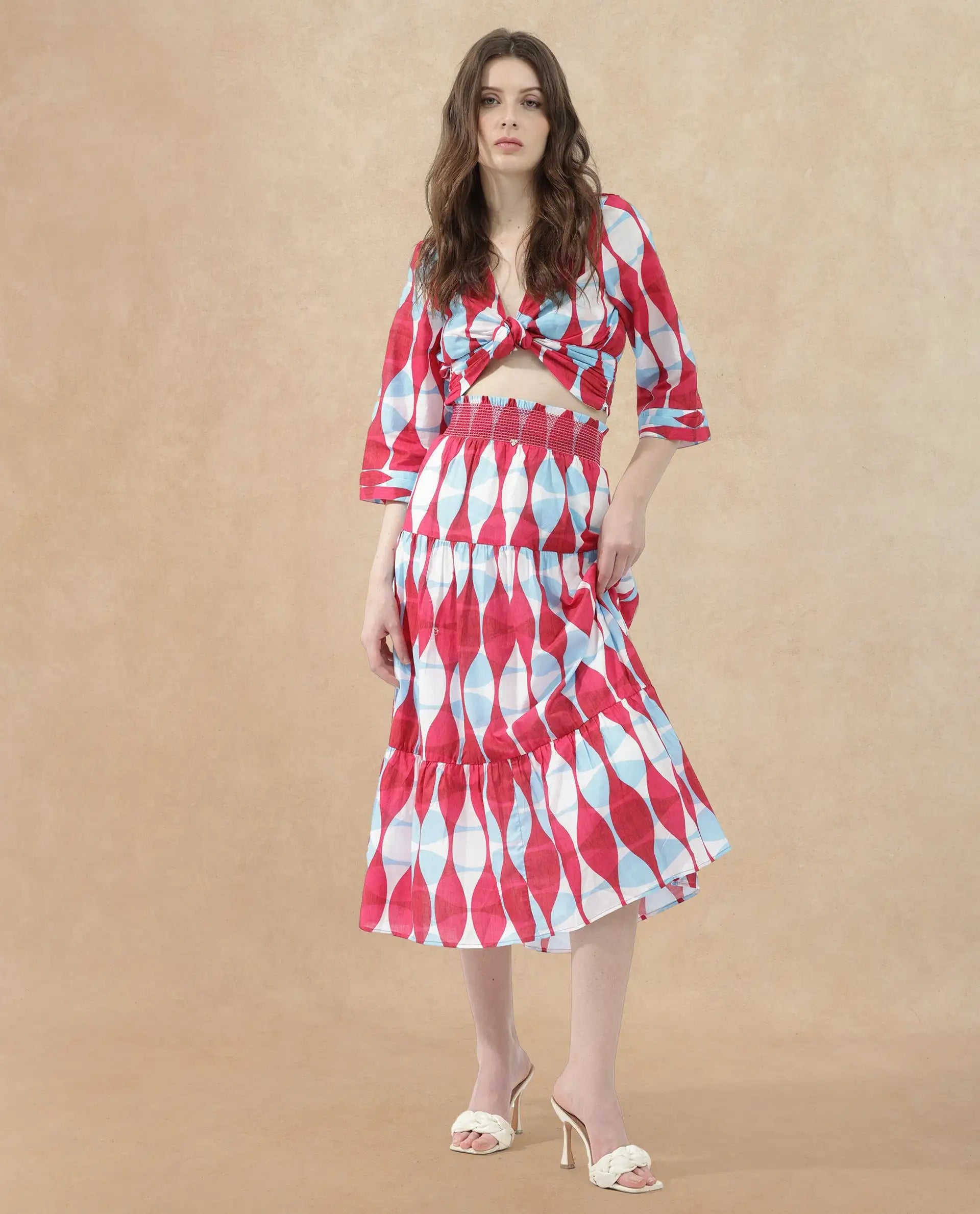 Rareism Women Naybert Multi Cotton Fabric Regular Fit Geometric Print Midi Skirt