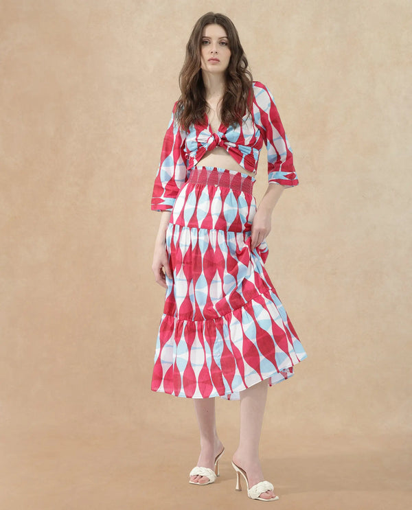 Rareism Women Naybert Multi Cotton Fabric Regular Fit Geometric Print Midi Skirt